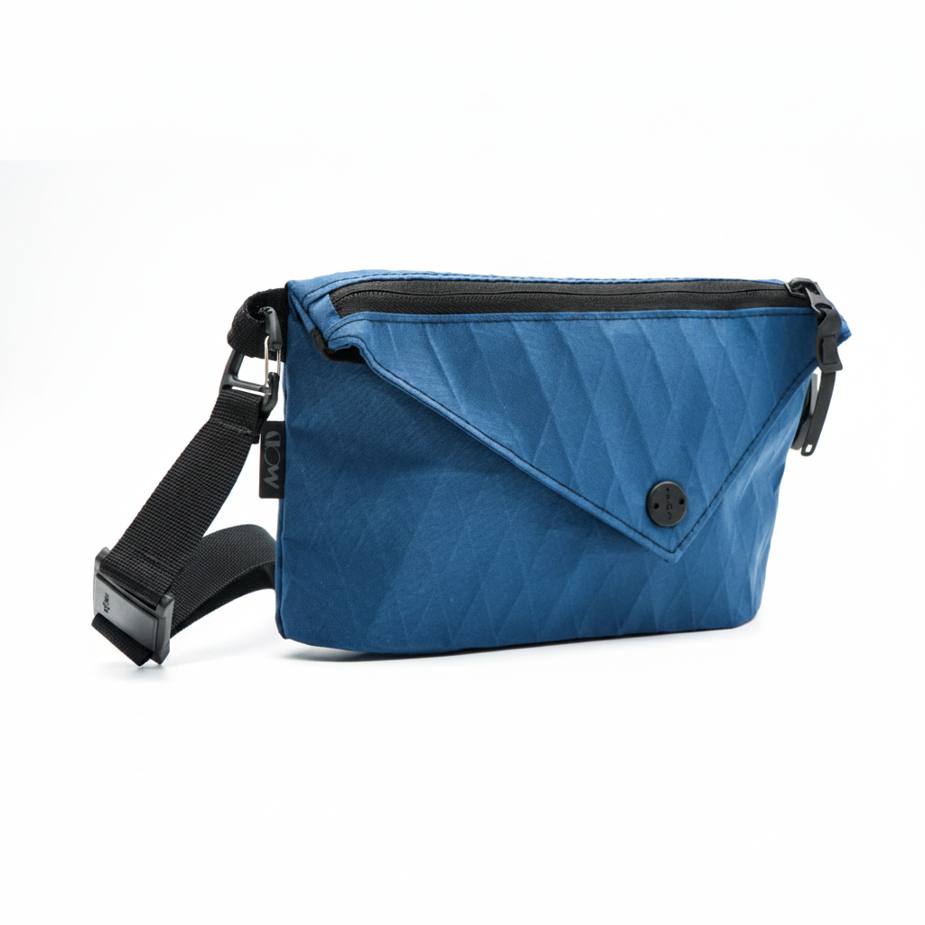Blue crossbody bag on white square background